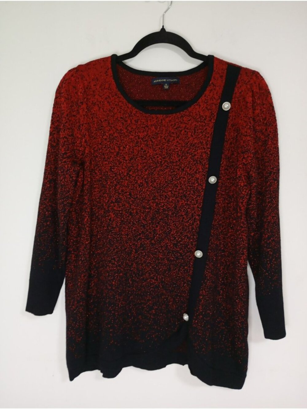 Adrienne Vittadini Red & Black Metallic Knit Sweater Pearl Button Detail Size XL